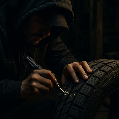 A shady figure in a dark workshop using a tool to alter the DOT code on a tire
