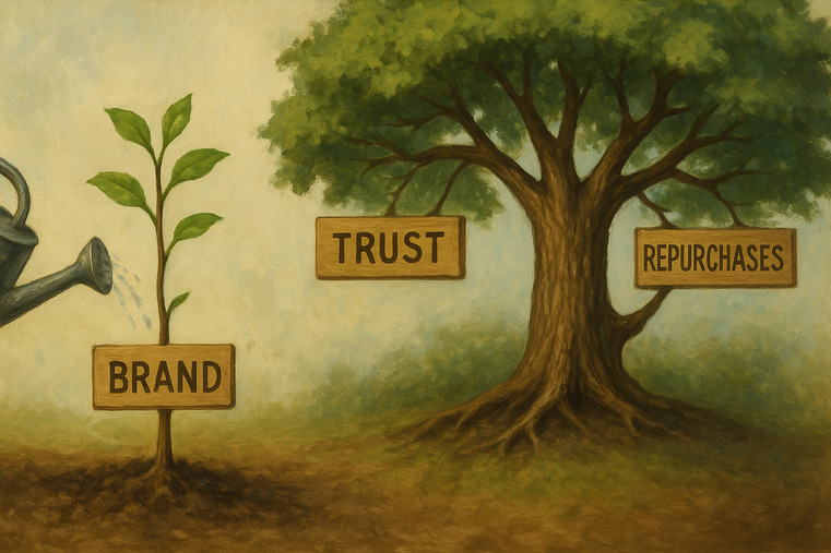 A small sapling labeled "Brand" being watered, which grows into a giant tree with branches labeled "Trust," "Repurchases," and "Pricing Power"