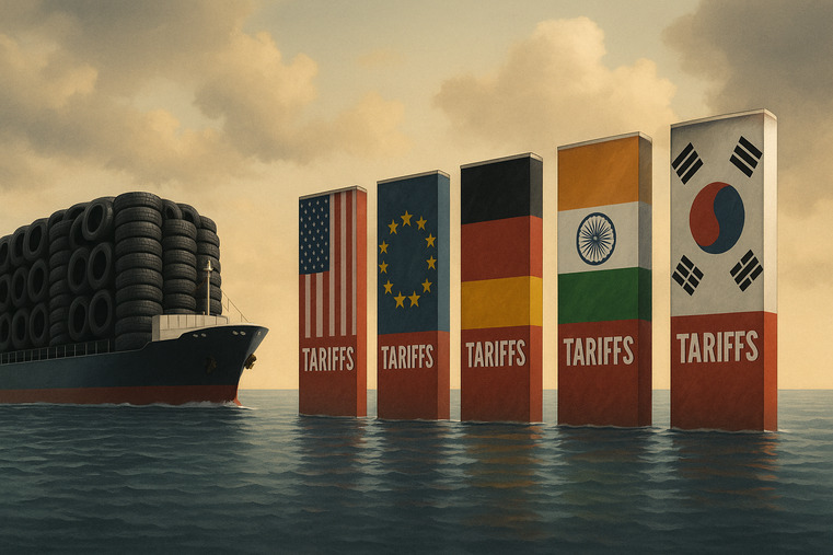 A complex maze labeled "Global Tariffs" standing between a factory and a customer