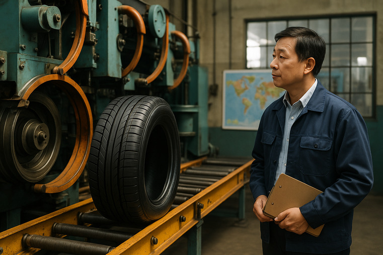 A tire rolling off a production line in Thailand with a manager looking at a map of global markets