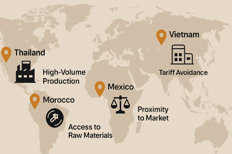 A map highlighting strategic factory locations: Thailand, Vietnam, Mexico, and Morocco, each with an icon representing its unique advantage.