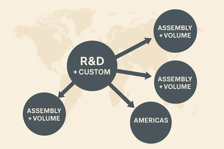 A diagram showing a central hub in China labeled "R&D + Custom" connected to regional hubs in SEA, Europe, and Americas labeled "Assembly + Volume".