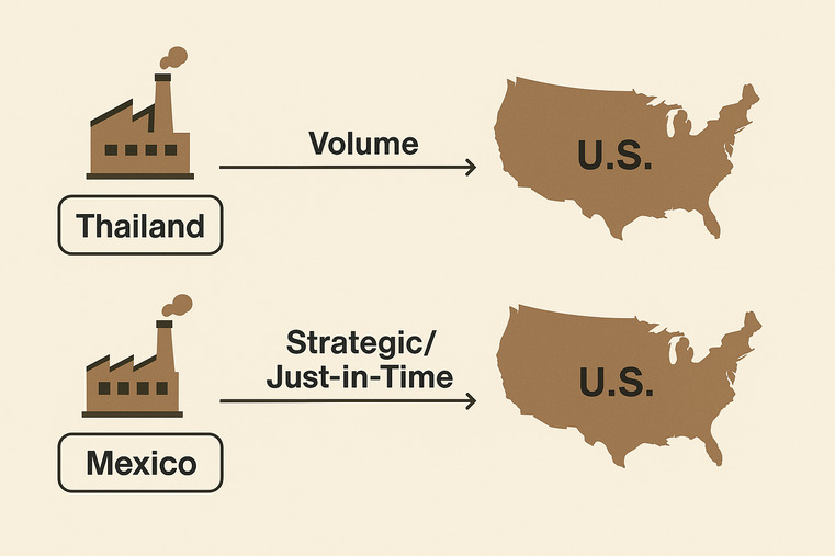A diagram showing two distinct paths: one from a factory in Thailand directly to the U.S. labeled "Volume," and another path from a factory in Mexico to the U.S. labeled "Strategic/Just-in-Time."
