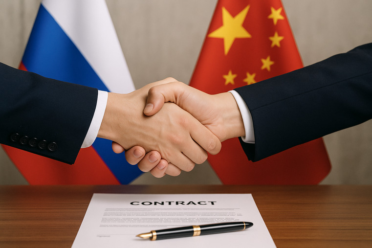 Two hands shaking to sign a contract, with Russian and Chinese flags in the background symbolizing a secure agreement