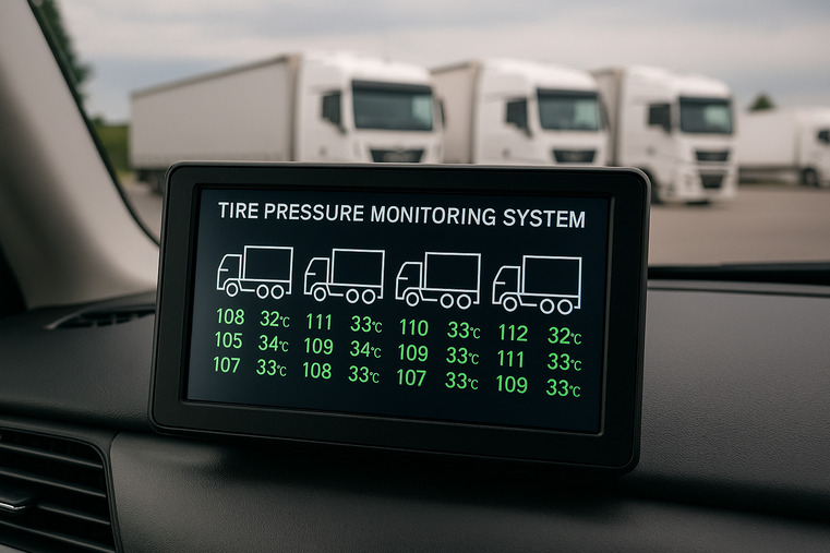 A dashboard showing tire pressure and temperature data from a TPMS system on a fleet of trucks