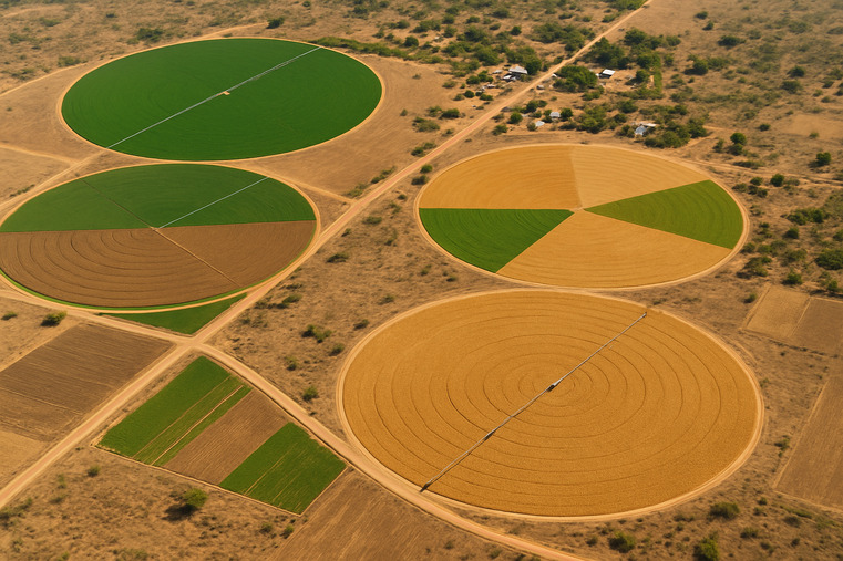 An aerial view of new circular irrigation fields in a developing agricultural region