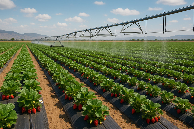 A field of high-value crops like berries or avocados under modern irrigation in Mexico