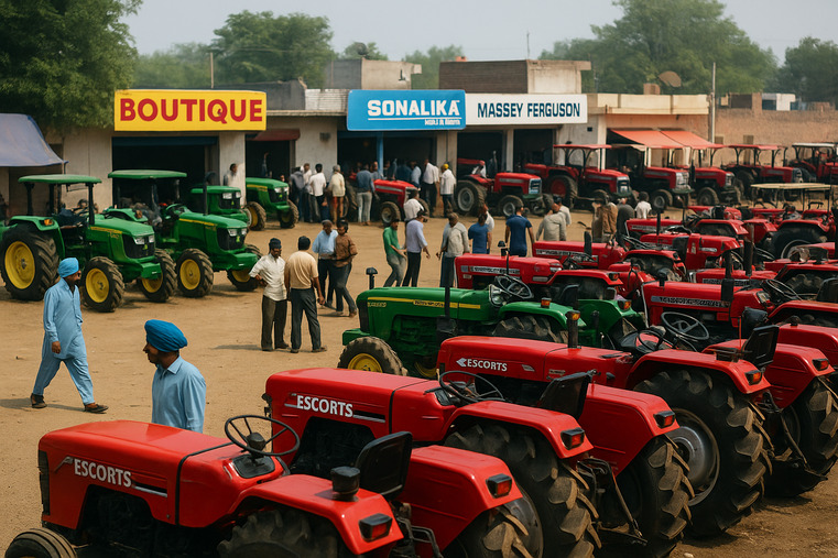 A bustling agricultural dealership in rural India with various tractor brands