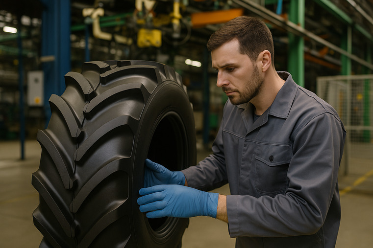 A technician inspecting the casing and rubber compound of a new irrigation tire in a factory