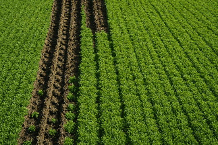 An aerial view showing the negative impact of deep ruts on crop health within a field.
