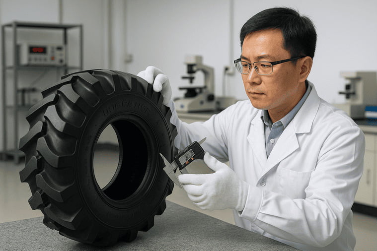 A quality control engineer inspecting a finished irrigation tire with precision instruments in a factory lab.