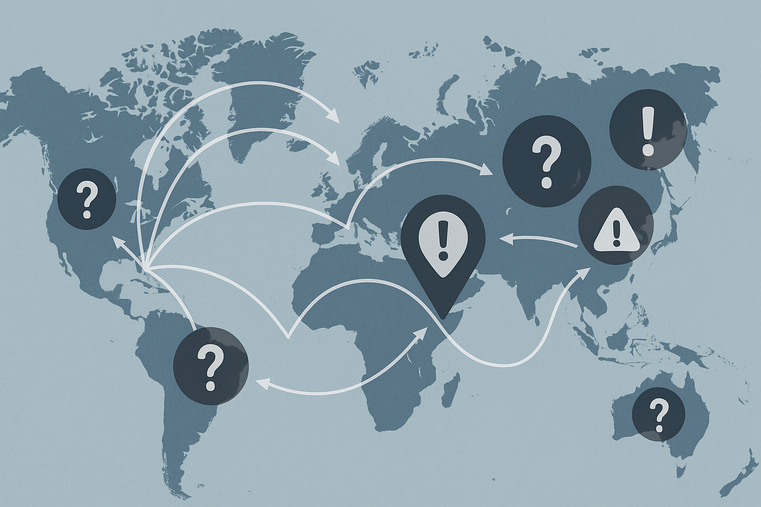 A world map showing complex supply chain routes, with question marks over certain regions indicating risk
