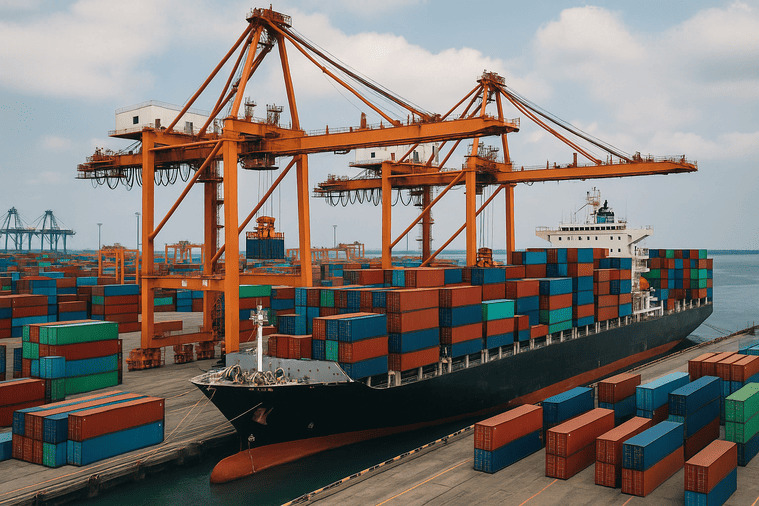 A bustling Asian port with cranes loading containers of tires onto a large cargo ship.