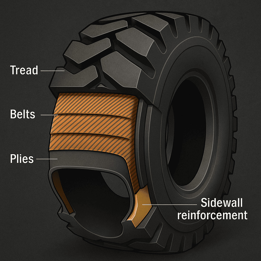 An illustration showing the different internal layers of an OTR tire: tread, belts, plies, and sidewall reinforcement.