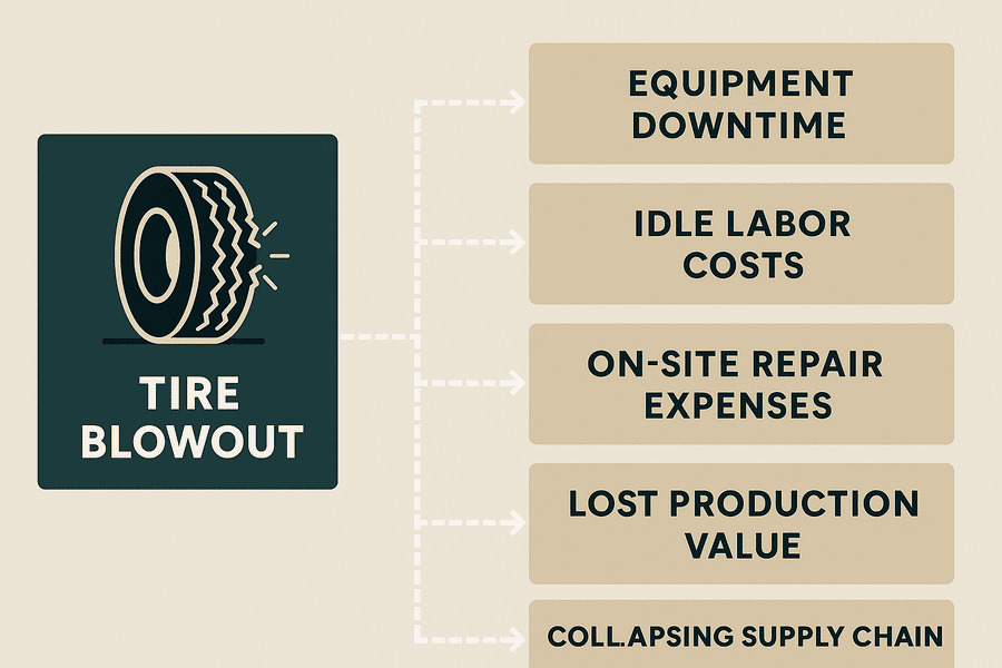 A flowchart showing a tire blowout leading to five separate streams of financial loss.