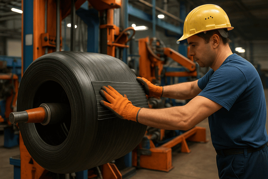 A technician manually wrapping a ply layer around a tire carcass.