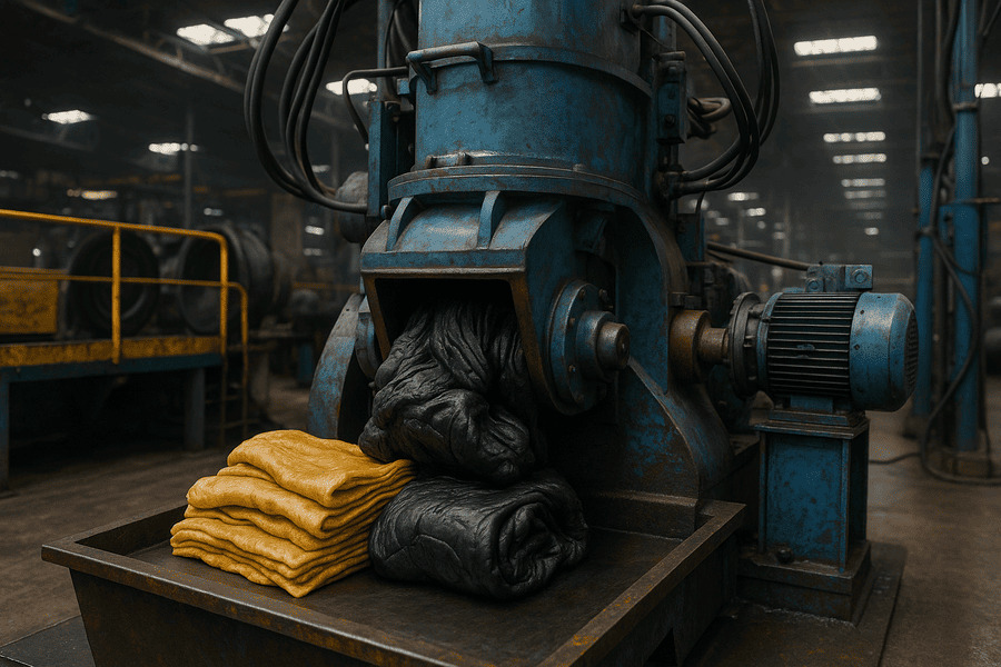 An industrial Banbury mixer with raw rubber materials being loaded.