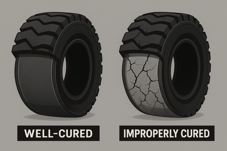 Two tire cross-sections, one showing a solid structure and the other with cracks.