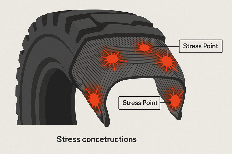 A diagram showing stress concentrations in a poorly built tire casing.
