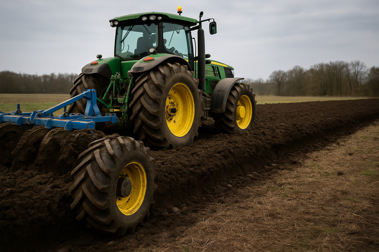 A large tractor with R-1W tires pulling a plow through a damp, dark field