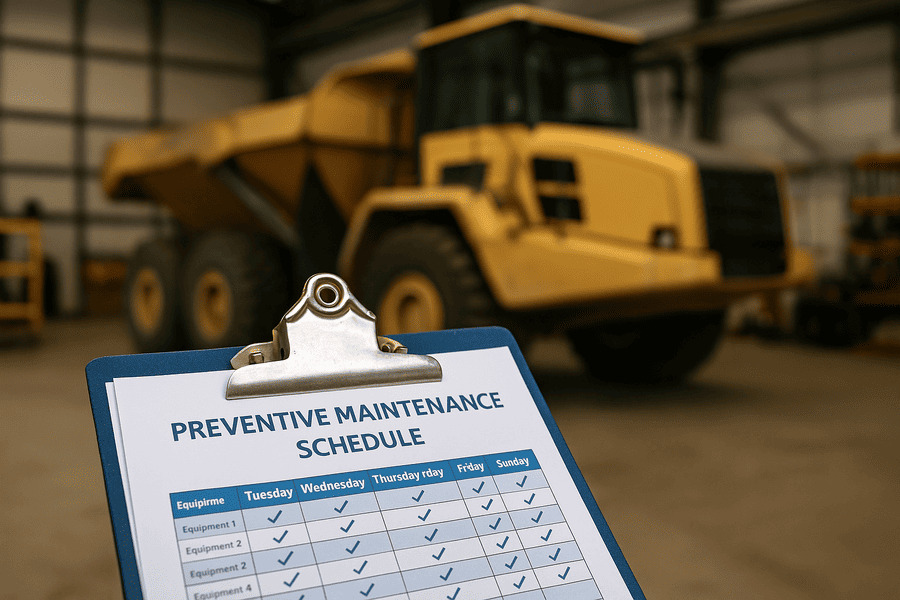 A maintenance schedule chart on a clipboard in a workshop.