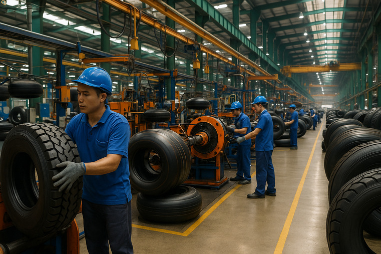 A bustling, modern tire factory in Vietnam, reminiscent of China's industrial boom in the 2000s