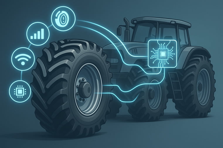 A futuristic diagram showing a tire with sensor icons connecting to a tractor's central computer system