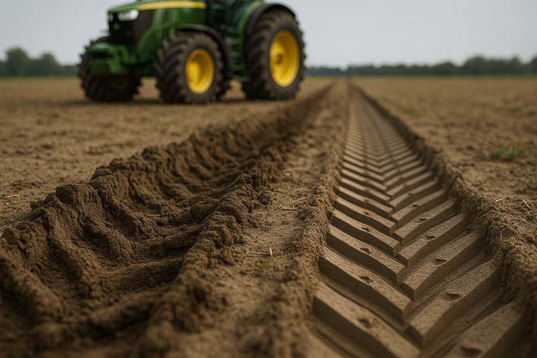 An image comparing two soil tracks: one with deep, messy slip marks and one with clean, efficient tread marks