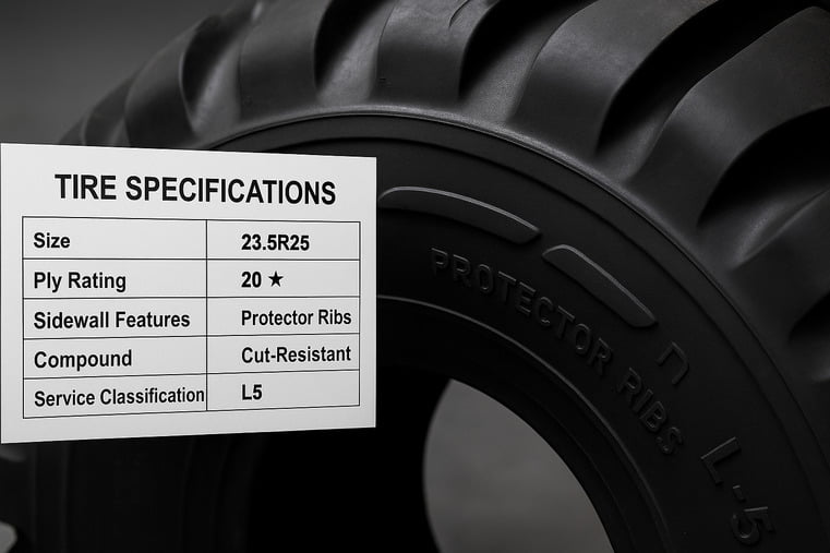 A tire spec sheet with the ply rating and sidewall features highlighted