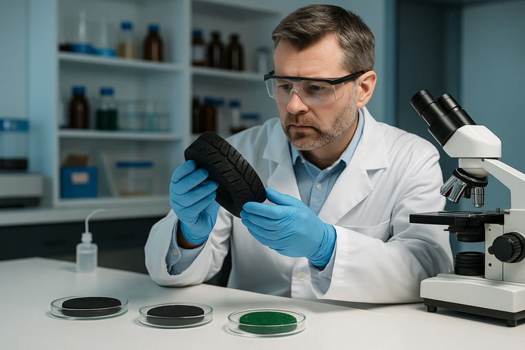 A scientist in a lab examining different rubber compounds