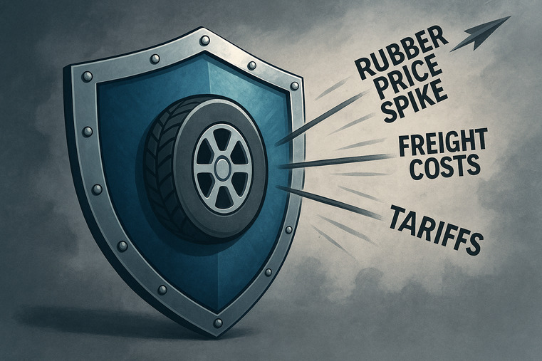 A strong shield with a tire logo on it, deflecting arrows labeled "Rubber Price Spike," "Freight Costs," and "Tariffs"