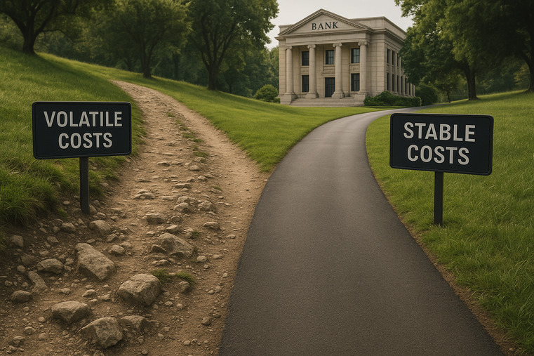 Two paths leading to a bank. One is a rocky, unstable path labeled "Volatile Costs," the other is a smooth, paved road labeled "Stable Costs"