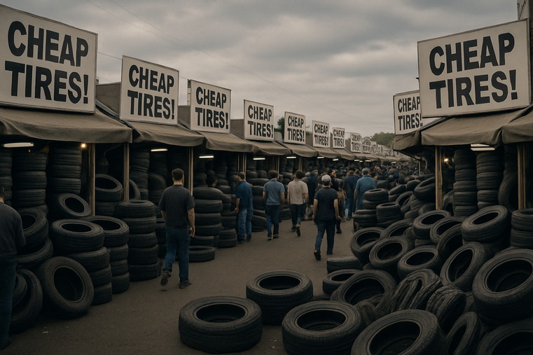 A crowded marketplace with hundreds of tire stalls, all with signs that just say "CHEAP TIRES!"