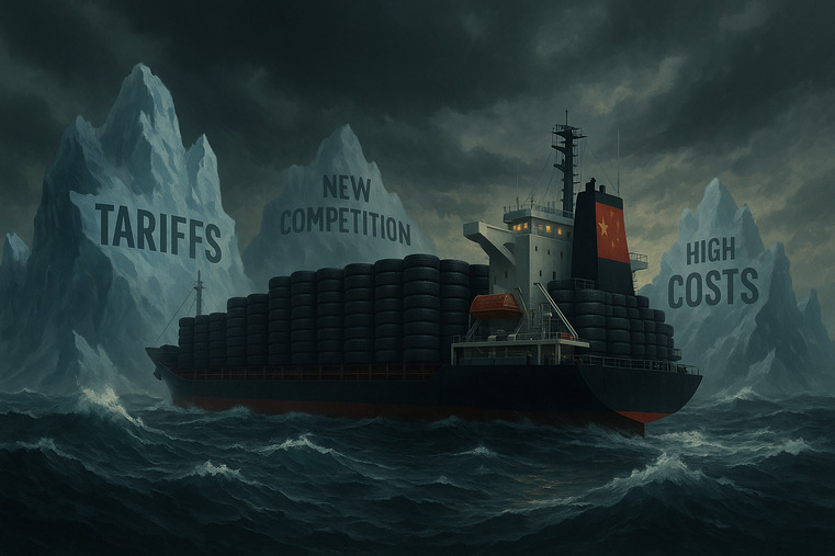 A cargo ship with Chinese tires trying to navigate through a storm of "Tariffs," "High Costs," and "New Competition" icebergs