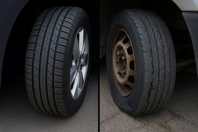 A split image showing a well-maintained tire on one side and an underinflated, damaged tire on the other