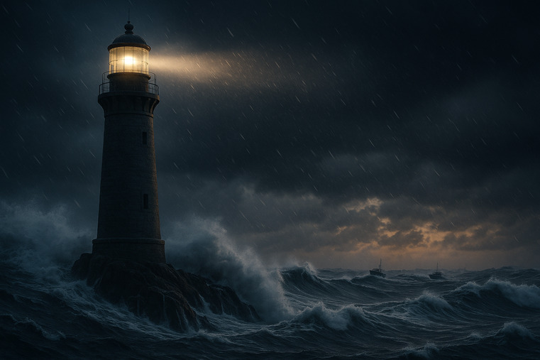 A sturdy lighthouse (Brand) standing strong in a violent storm, while smaller boats (Cheap Competitors) are tossed by the waves