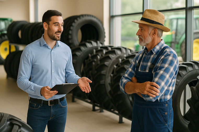 A tire dealer discussing options with a farmer in a showroom with various tire models