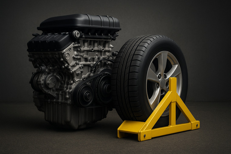 A powerful, low-cost engine (China's Production) that is unable to move because its wheels are clamped (Market Access Barriers)