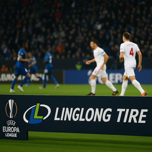 A Chinese tire brand logo prominently displayed at a major international soccer match