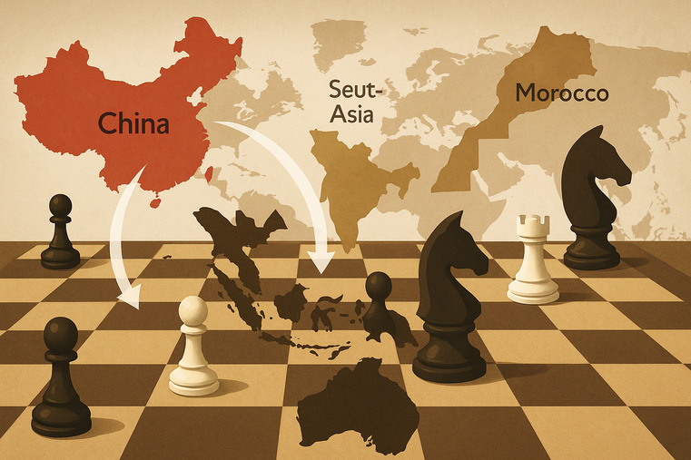 A chess board with pieces moving from China to Southeast Asia, and then new pieces being placed in Mexico and North Africa.