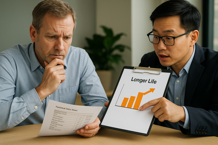 A purchasing manager looking confused at a technical data sheet, with a supplier helpfully pointing to a simple chart showing "Longer Life"
