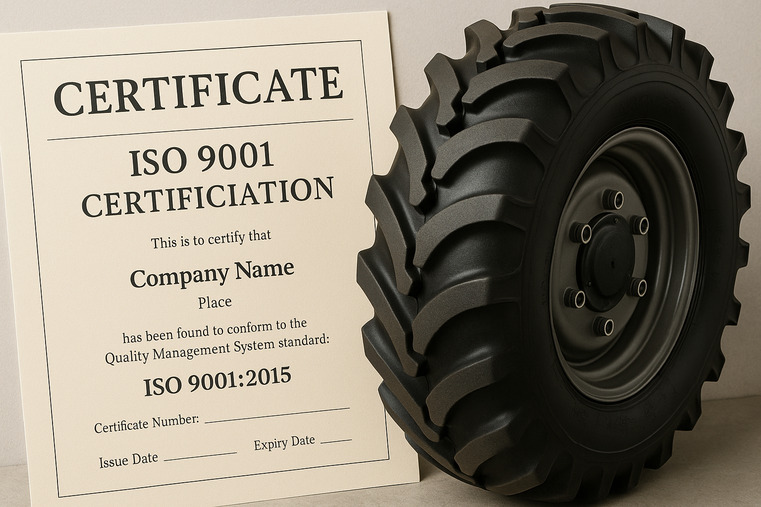 A close-up of an ISO 9001 certificate next to a specialized industrial tire