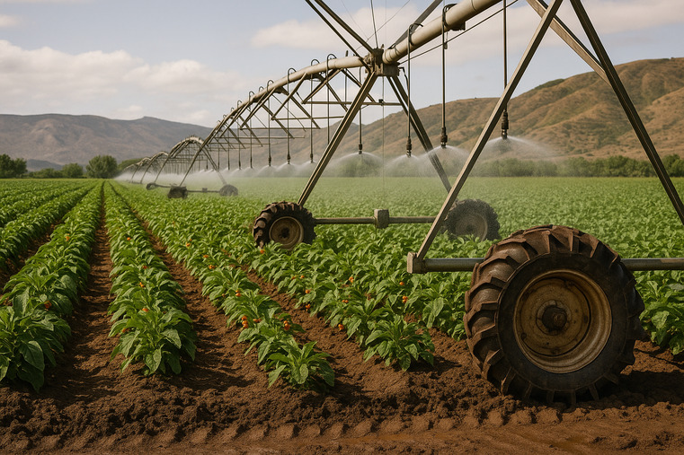 Lush, green rice paddies in Southeast Asia with a modern irrigation system installed