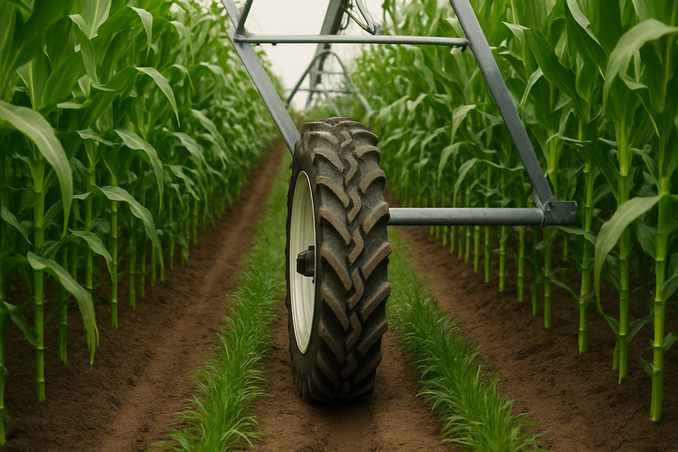An overhead view of an irrigation system's narrow tire moving cleanly between rows of corn