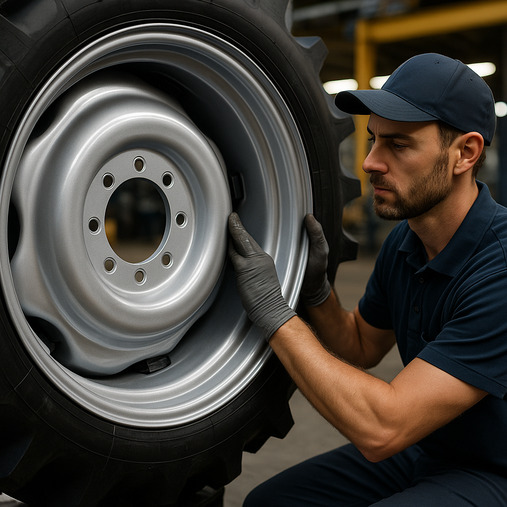 A precision-engineered tractor wheel rim being inspected for quality control