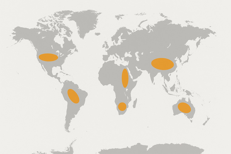 A map of the world with key agricultural regions highlighted as distribution hubs
