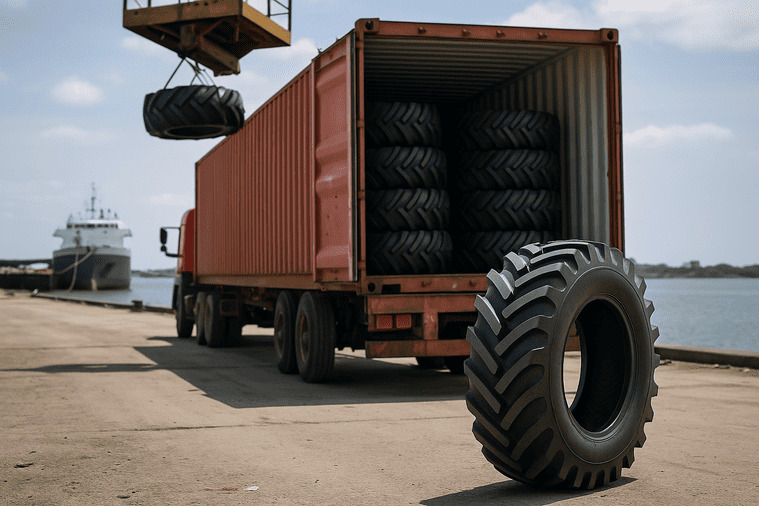A shipping container being loaded with irrigation tires, destined for an international port.