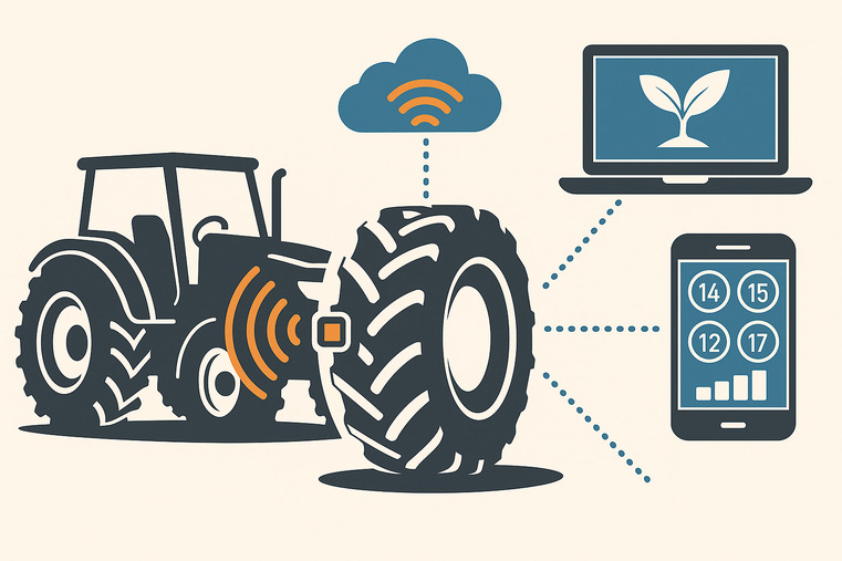 An infographic showing a tire connecting to a tractor's computer, a smartphone, and the cloud