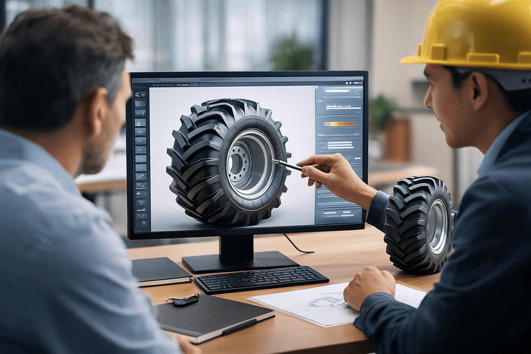 An engineer discussing a custom tire tread design on a computer with a client.