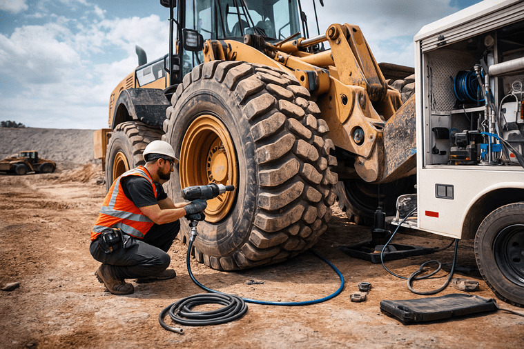 A service technician performing on-site maintenance on an OTR tire on a large loader at a construction site.